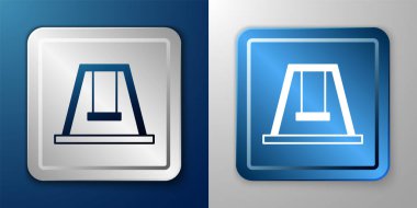 Çocuklar için yaz oyunları için beyaz salıncak mavi ve gri arka planda izole edilmiş oyun alanı ikonu. Açık hava eğlence ekipmanları. Gümüş ve mavi kare düğme. Vektör