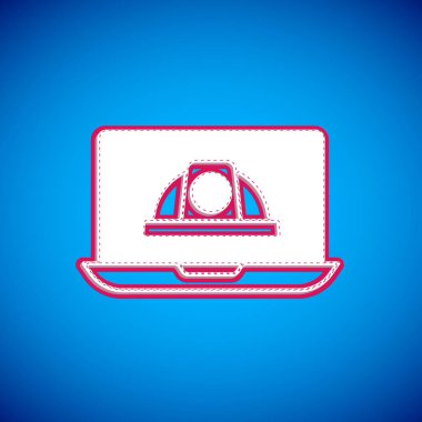 Beyaz İşçi kaskı ikonu mavi arka planda izole edildi. Vektör