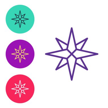 Beyaz arkaplanda çizgi rüzgar gül simgesi izole. Seyahat için pusula simgesi. Navigasyon tasarımı. Simgeleri renklendirin. Vektör