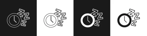 Set ikon jam alarm terisolasi pada latar belakang hitam dan putih. Bangun, bangun konsep. Tanda waktu. Vektor - Stok Vektor