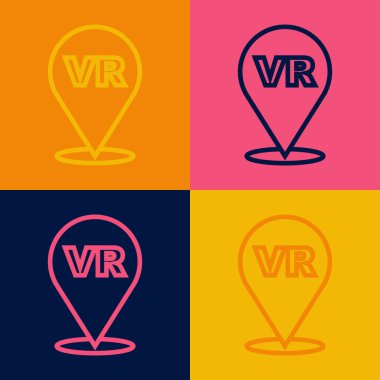 Pop sanat çizgisi Sanal gerçeklik simgesi renk arkaplanında izole edildi. Gelecekçi VR baş ekran tasarımı. Vektör