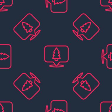 Kırmızı çizgi Noel ağacı simgesi siyah arka planda izole edilmiş kusursuz desen. Mutlu Noeller ve mutlu yıllar. Vektör