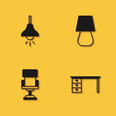 Lamba asma, ofis masası, sandalye ve uzun gölgeli masa lambası ikonu. Vektör