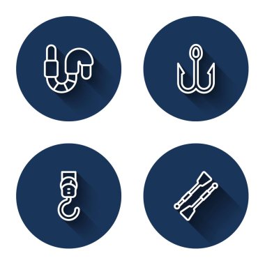 Solucan, olta, bahar pulu ve kürekler uzun gölgeli kürek çeker. Mavi daire düğmesi. Vektör