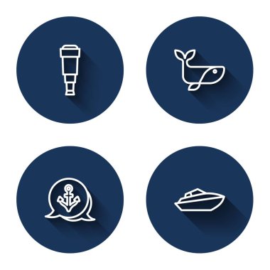 Spyglass teleskop lensleri, balina, çapa ve uzun gölgeli sürat teknesi ayarlayın. Mavi daire düğmesi. Vektör