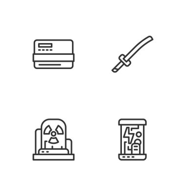 Kriyojenik kapsüller, Radyoaktif uyarı lambası, Kredi kartı ve Katana simgesini ayarla. Vektör