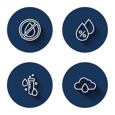 Hattı kurun su düşüşü yasaklandı, yüzde, su ile test tüpü ve uzun gölgeli Bulut yağmuru. Mavi daire düğmesi. Vektör