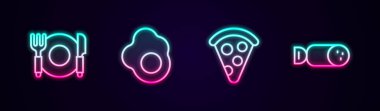 Tabak, çatal ve bıçak, çırpılmış yumurta, pizza dilimi ve salam sosisi. Parlayan neon ikonu. Vektör