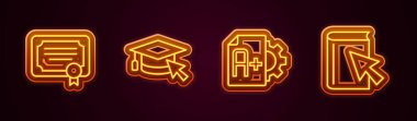 Satır Sertifika şablonu, imleç ile mezuniyet kapağı, Sınav kağıdı A artı not ve Çevrimiçi kitap ayarla. Parlayan neon ikonu. Vektör