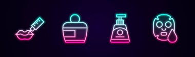Lip büyütme, krem ya da losyon kozmetik tüpü ve yüz maskesi ayarlayın. Parlayan neon ikonu. Vektör