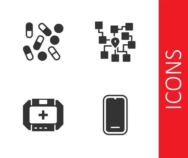 Set Teléfono móvil, píldora médica biohacking, botiquín de primeros auxilios e icono de red neuronal. Vector — Vector de stock