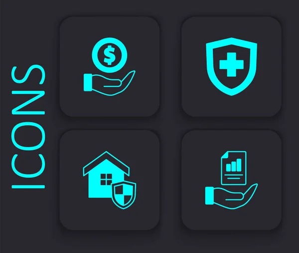 Set Contract in hand, Money with shield, Life insurance and House icon. Black square button. Vector — Stock vektor