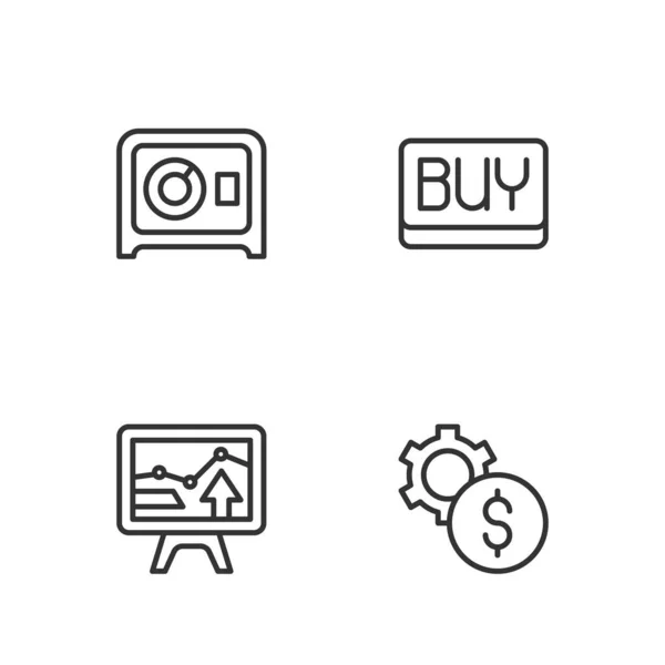 Establecer línea de engranajes con símbolo de dólar, gráfico de monitor, caja fuerte y comprar icono del botón. Vector — Vector de stock
