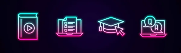 Impostare linea audiolibro, quiz online, test, sondaggio, Graduation cap con cursore e domanda e risposta. Icona luminosa al neon. Vettore — Vettoriale Stock