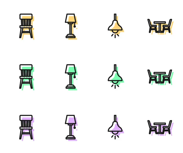 Nastavte řadu zavěšení lampy, židle, podlahová lampa a stůl s ikonou židle. Vektor — Stockový vektor