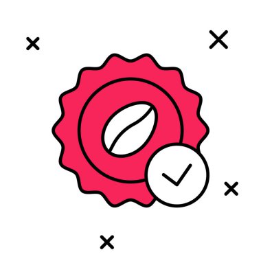 Beyaz arka planda izole edilmiş kahve ikonu için ana hatları doldurulmuş. Kaliteli kahve rozeti. Vektör