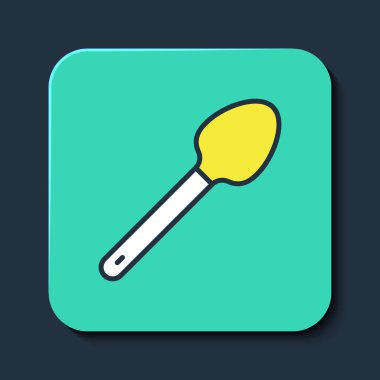 Doldurulmuş çay kaşığı simgesi mavi arkaplanda izole edildi. Mutfak aletleri. Çatal bıçak seti. Turkuaz kare düğme. Vektör