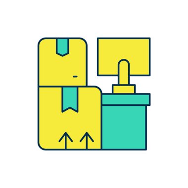 Deponun içini beyaz arkaplanda izole edilmiş raflardaki kutularla doldurdum. Lojistik, kargo, paket depolama posta servisi. Vektör