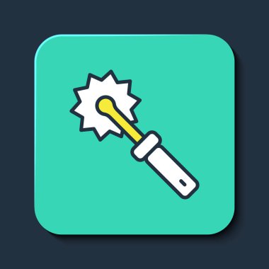 Mavi arka planda izole edilmiş bal ikonu için kesme rulosu doldurulmuş. Arı yetiştiricisinin aleti. Turkuaz kare düğme. Vektör