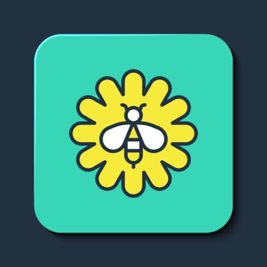 Mavi arka planda izole edilmiş çiçek simgesindeki arılar. Tatlı doğal yemek. Bal arısı ya da kanat sembollü apis. Uçan böcek. Turkuaz kare düğme. Vektör