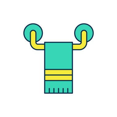 Beyaz arkaplanda izole edilmiş askı simgesi üzerine ana hatları doldurulmuş havlu. Banyo havlusu ikonu. Vektör