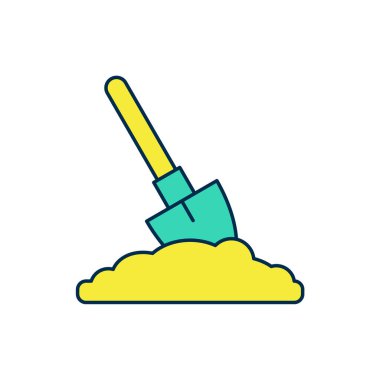 Yer ikonundaki doldurulmuş kürek beyaz arkaplanda izole edilmiş. Bahçe aletleri. Bahçecilik, tarım, çiftçilik aleti. Vektör