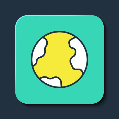 Mavi arka planda izole edilmiş, ana hatlı Dünya ikonu. Dünya ya da Dünya işareti. Küresel internet sembolü. Geometrik şekiller. Turkuaz kare düğme. Vektör