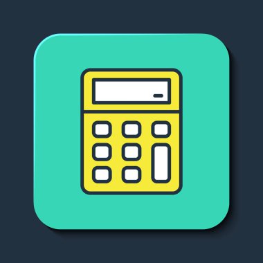 Doldurulmuş ana hat Hesaplayıcı simgesi mavi arkaplanda izole edildi. Muhasebe sembolü. İş hesaplamaları matematik eğitimi ve finans. Turkuaz kare düğme. Vektör