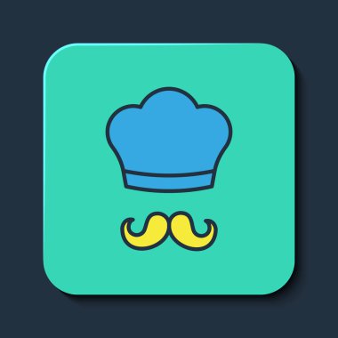 Mavi arka planda izole edilmiş ana hatlı İtalyan aşçı ikonu. Turkuaz kare düğme. Vektör