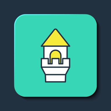 Mavi arka planda izole edilmiş ana hatlı Castle kulesi simgesi. Kale işareti. Turkuaz kare düğme. Vektör