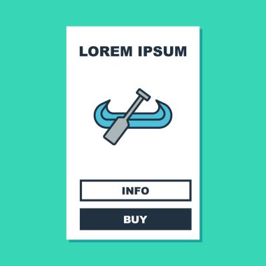 Ana hatlarıyla doldurulmuş kano ve kürek simgesi turkuaz arka planda izole edildi. Balıkçılık ve turizm için kano. Açık hava aktiviteleri. Vektör