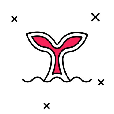 Beyaz arka planda izole edilmiş okyanus dalgası ikonu ile balina kuyruğu doldurulmuş. Vektör