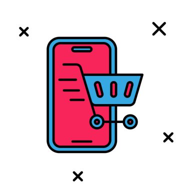 Doldurulmuş cep telefonu ve alışveriş arabası simgesi beyaz arka planda izole edilmiş. İnternetten satın alma sembolü. Süpermarket sepeti sembolü. Vektör