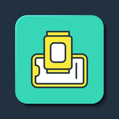 Mobil ikon üzerindeki yiyecek siparişi mavi arka planda izole edildi. Cep telefonuyla sipariş verin. Restoran yemek teslimatı konsepti. Turkuaz kare düğme. Vektör