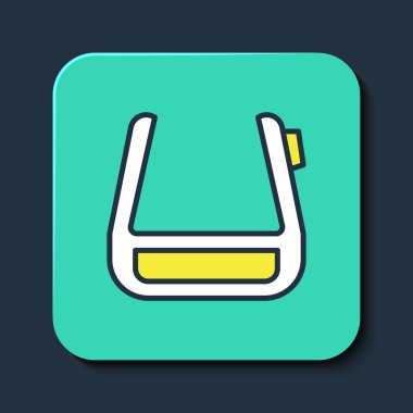 Mavi arka planda izole edilmiş gözlük simgesine yerleştirilmiş akıllı gözlükler. Giyilebilir elektronik, akıllı gözlüklü, kameralı ve ekranlı. Turkuaz kare düğme. Vektör