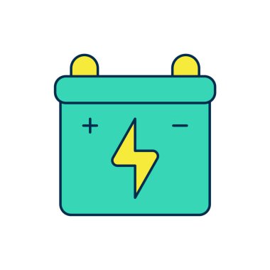 Doldurulmuş araba aküsü simgesi beyaz arka planda izole edilmiş. Akümülatör bataryası enerji ve elektrik akümülatörü bataryası. Vektör