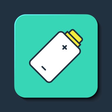 Doldurulmuş Batarya şarj seviyesi göstergesi simgesi mavi arkaplanda izole edildi. Turkuaz kare düğme. Vektör