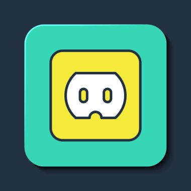 Doldurulmuş elektrik çıkış simgesi mavi arkaplanda izole edildi. Elektrik prizi. Rosette sembolü. Turkuaz kare düğme. Vektör