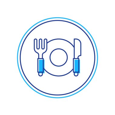 Beyaz arka planda izole edilmiş ana hatlı plaka, çatal ve bıçak simgesi. Çatal bıçak sembolü. Restoran tabelası. Vektör