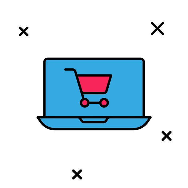 Wypełniony zarys Koszyk na ekranie ikony laptopa odizolowany na białym tle. Koncepcja e-commerce, e-biznes, marketing internetowy. Wektor — Wektor stockowy