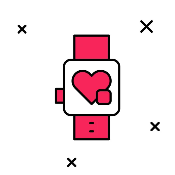 Riempito contorno Smart orologio che mostra l'icona della frequenza cardiaca isolato su sfondo bianco. Concetto Fitness App. Vettore — Vettoriale Stock