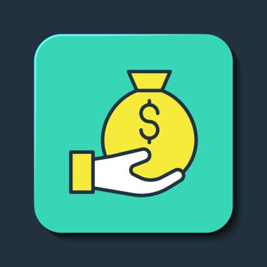 Doldurulmuş para çantası simgesi mavi arkaplanda izole edildi. Dolar ya da USD sembolü. Nakit bankacılık tabelası. Turkuaz kare düğme. Vektör