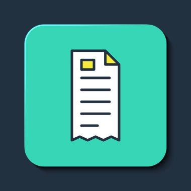 Doldurulmuş kağıt kontrolü ve mali kontrol simgesi mavi arka planda izole edildi. Kağıt baskı çeki, makbuz ya da fatura. Turkuaz kare düğme. Vektör