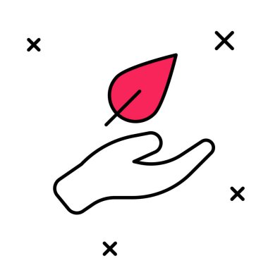 Doldurulmuş El beyaz arkaplanda izole edilmiş bitki ikonunun bir yaprağını tutuyor. Doğayı koru. Yaprak, çevre korumasıyla çekiliyor. Vektör