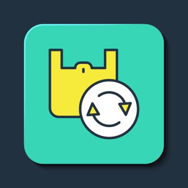 Mavi arka planda izole edilmiş geri dönüşüm simgesiyle doldurulmuş kağıt alışveriş torbası. Geri dönüşüm sembollü çanta. Turkuaz kare düğme. Vektör