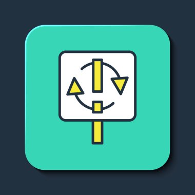 Mavi arkaplanda izole edilmiş ana hatlı geri dönüşüm sembolü simgesi. Dairesel ok simgesi. Çevre geri dönüşümü yeşile döner. Turkuaz kare düğme. Vektör