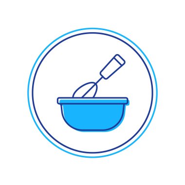 Beyaz arkaplanda izole edilmiş kase ikonu ile ana hatlarıyla pişirme çırpma fırçası. Mutfak aletleri, yumurta çırpıcı. Çatal bıçak seti. Yemek karışımı sembolü. Vektör