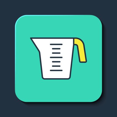 Mavi zemin üzerinde izole edilmiş kuru ve sıvı yiyecek ikonunu ölçmek için doldurulmuş ölçü kabı. Plastik şişenin sapı var. Turkuaz kare düğme. Vektör