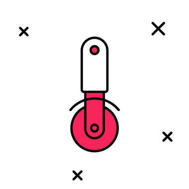 Beyaz arka planda izole edilmiş ana hatlı pizza bıçağı ikonu. Pizza kesme tabelası. Çelik mutfak gereçleri. Vektör