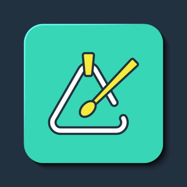 Doldurulmuş Üçgen müzik aleti simgesi mavi arkaplanda izole edildi. Turkuaz kare düğme. Vektör